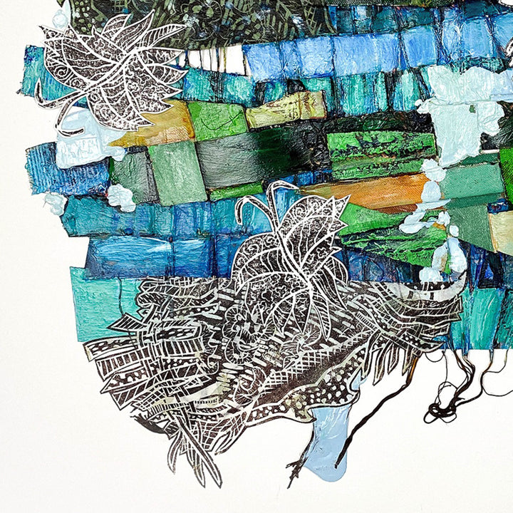 The artwork 'Smell the Sea and Feel the Sky' features intricate linocut patterns in black and white, layered with vibrant strips of turquoise, sea blue, and sage green acrylic paint. Textural elements include sewn thread details and collaged paper creating a dynamic coastal-inspired abstract composition. By Christina Massey.