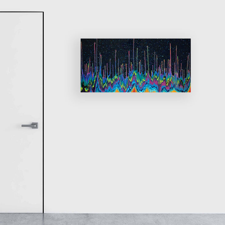 The artwork 'Spectra VI' by Paola Gracey features vibrant vertical lines rising from undulating waves of turquoise, purple, and electric blue against a deep black background. The dynamic composition suggests digital waveforms or audio frequencies, enhanced with glitter and resin for a glossy, dimensional effect. Acrylic and epoxy resin on panel, measuring 24x48 inches.