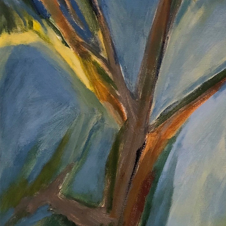 The artwork 'Spring in the Springs' by Beth Barry features abstract organic forms with sweeping brushstrokes in blues, browns, and yellows. A central brown trunk-like structure branches upward against a dynamic blue background, creating movement through bold acrylic strokes and blended color transitions. 18x24 acrylic painting by Beth Barry.