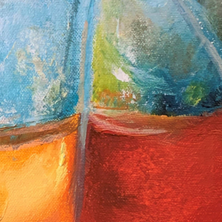 The artwork 'Sunny Serum' by Rita BasuMallick features a modern abstract composition divided into geometric sections, showcasing vibrant contrasts of warm orange and deep red against cool turquoise blue. The oil painting on canvas displays bold brushstrokes, textural elements, and a dynamic interplay of colors creating a contemporary aesthetic with an energetic feel.