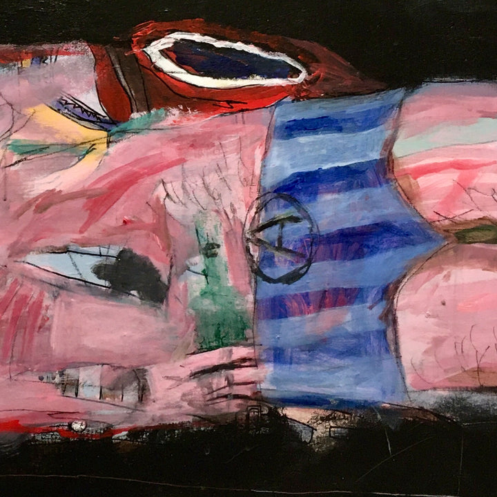 The artwork 'Super Chan' by Andrew Chan features an abstract expressionist composition with bold brushstrokes in pink, blue, and red hues. A striking oval shape in dark blue with white borders dominates the upper portion, while vertical blue stripes contrast against soft pink layers. Green accents and black gestural marks create depth and movement across the 24x30 inch oil canvas. By Andrew Chan.