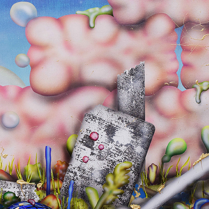 The artwork 'Terrible Architecture' depicts a surreal landscape with a weathered concrete structure against cotton candy-like pink clouds. Vibrant blue accents and lime green organic shapes dot the composition. The foreground features stylized grass elements and abstract forms, creating a dreamlike atmosphere. Acrylic on paper, 36x56 inches, by Jon Duff.