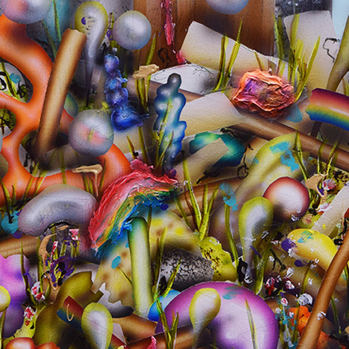 The artwork 'Terrible Architecture 2' by Jon Duff features a surreal abstract composition with biomorphic shapes in vibrant colors. Metallic spheres, twisted organic forms, and elongated structures create a chaotic landscape. The palette includes iridescent blues, coral pinks, neon yellows, and silvery grays. Acrylic paint on paper creates depth through overlapping forms and prismatic color transitions. By Jon Duff.