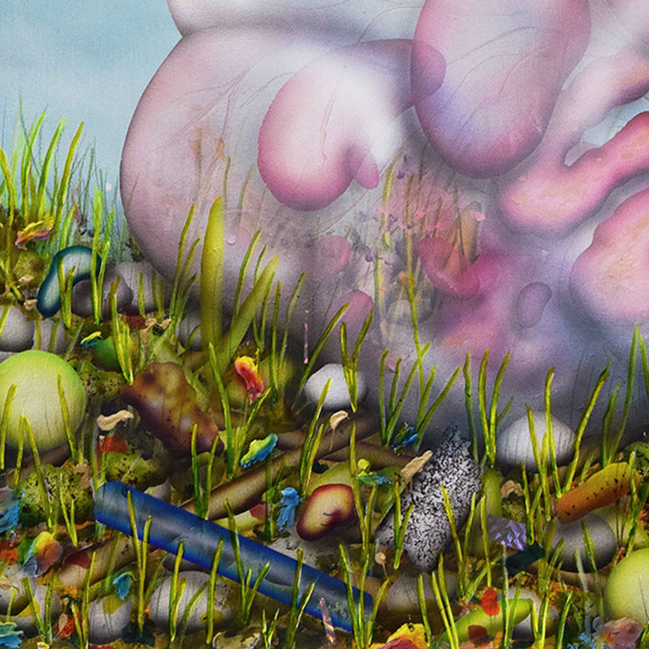 The artwork 'Thinking Putty' by Jon Duff features a surreal landscape with vibrant green grass blades emerging from a colorful ground scattered with abstract organic shapes. Pink and purple cloud-like forms float above, creating a dreamlike atmosphere. Various round, cylindrical, and amorphous objects in blue, green, and earth tones populate the foreground, rendered in acrylic on paper.