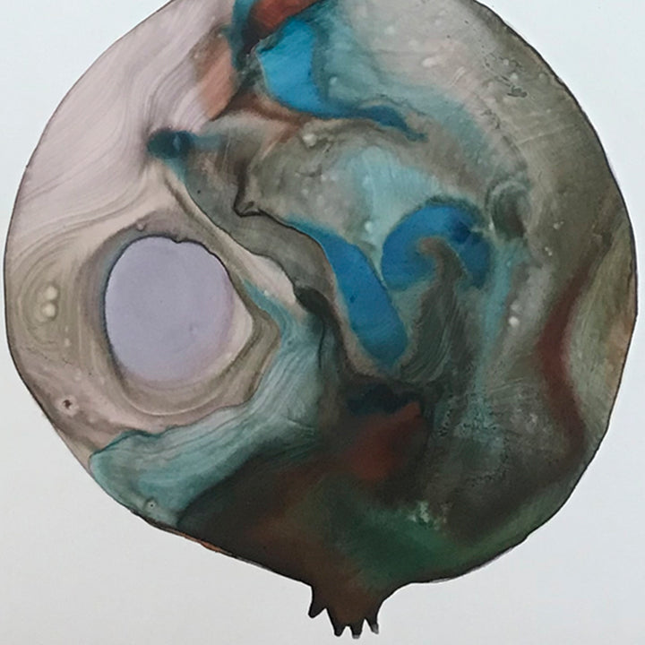 The artwork 'c2' by Arielle Stein features a circular abstract composition with fluid, organic forms. Swirling patterns of turquoise, teal, and lavender blend seamlessly with earthy browns and greys. A prominent lilac orb creates a focal point, while watercolor and acrylic inks create dynamic marbled effects and ethereal textures throughout the spherical design.