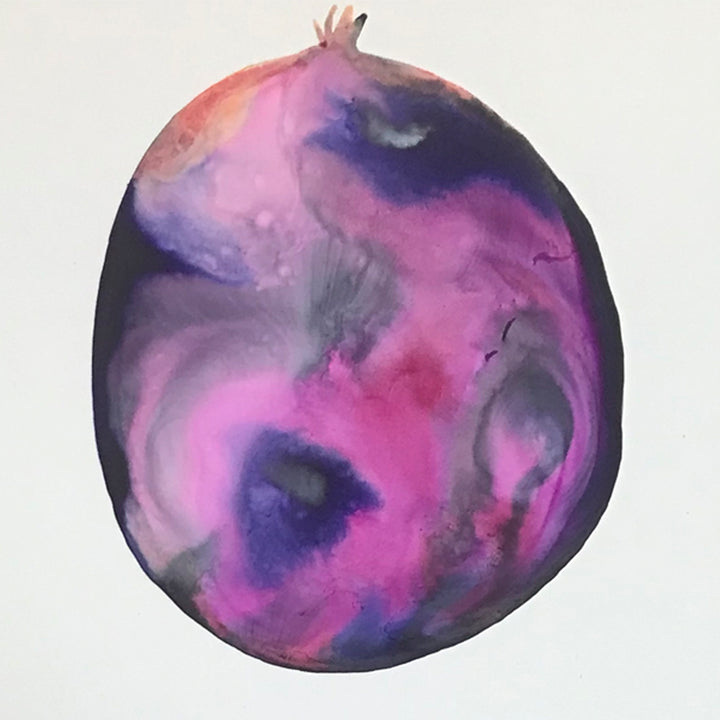 The artwork 'c3' by Arielle Stein features a circular abstract composition with swirling watercolor and acrylic ink in vibrant magenta, deep purple, and smoky gray tones. The fluid, ethereal patterns create a cosmic-like sphere against a clean white background, showcasing organic blending and translucent layering techniques.